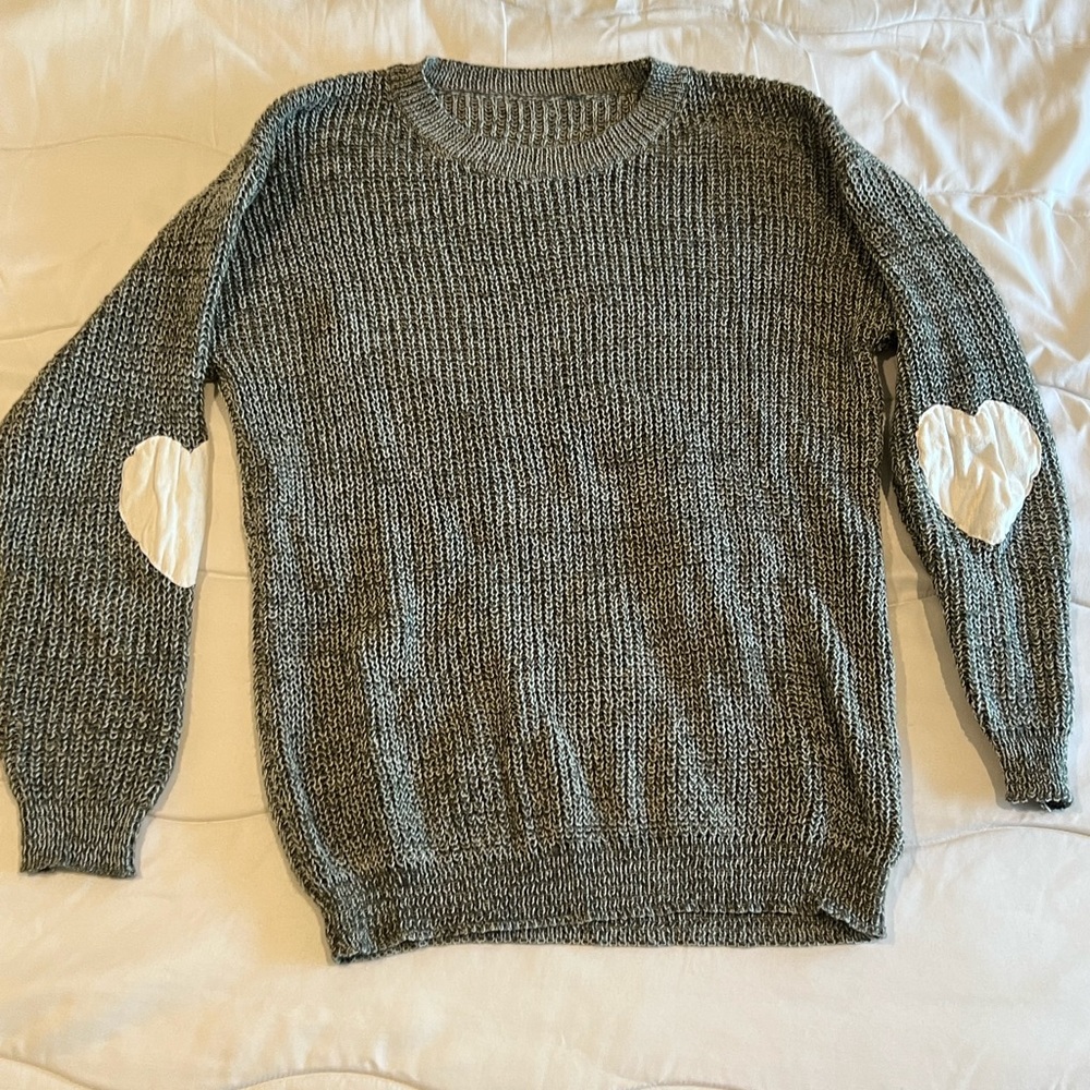 Amazon Brand Gray Heart Shaped Elbow Cotton Woven Sweater